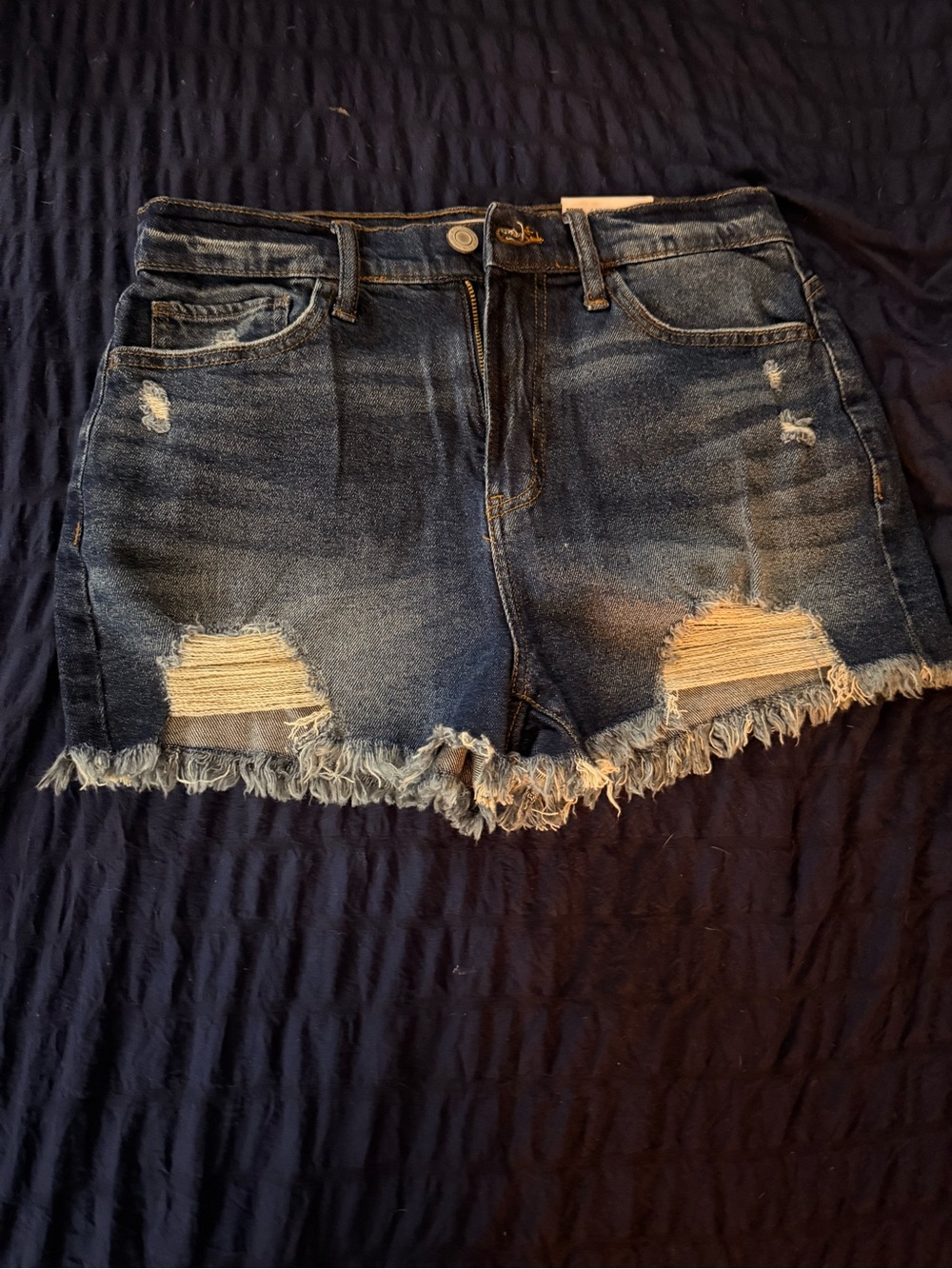SO Dark Blue Distressed Denim Shorts with Frayed Hem